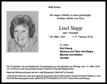 Anzeige von Lisel Stupp von Kölner Stadt-Anzeiger / Kölnische Rundschau / Express