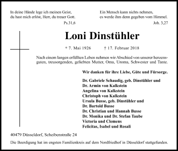Anzeige von Loni Dinstühler von Kölner Stadt-Anzeiger / Kölnische Rundschau / Express