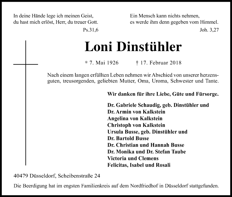  Traueranzeige für Loni Dinstühler vom 28.02.2018 aus Kölner Stadt-Anzeiger / Kölnische Rundschau / Express