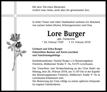 Anzeige von Lore Burger von Kölner Stadt-Anzeiger / Kölnische Rundschau / Express