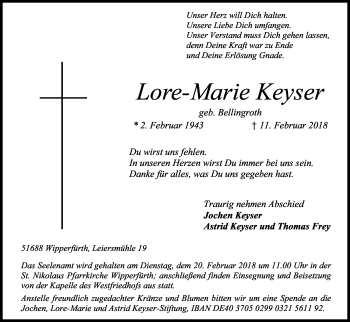 Anzeige von Lore-Marie Keyser von Kölner Stadt-Anzeiger / Kölnische Rundschau / Express