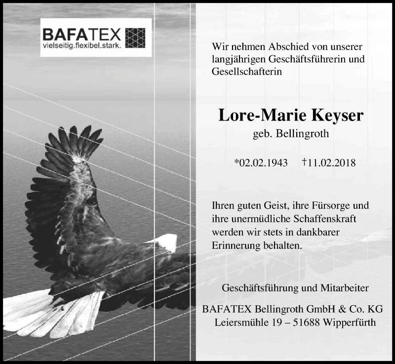  Traueranzeige für Lore-Marie Keyser vom 14.02.2018 aus Kölner Stadt-Anzeiger / Kölnische Rundschau / Express