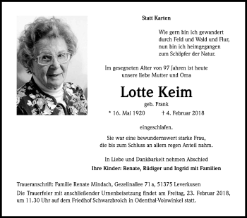 Anzeige von Lotte Keim von Kölner Stadt-Anzeiger / Kölnische Rundschau / Express