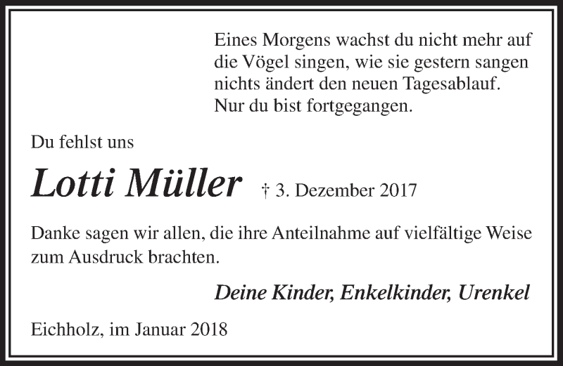  Traueranzeige für Lotti Müller vom 14.02.2018 aus  Anzeigen Echo 