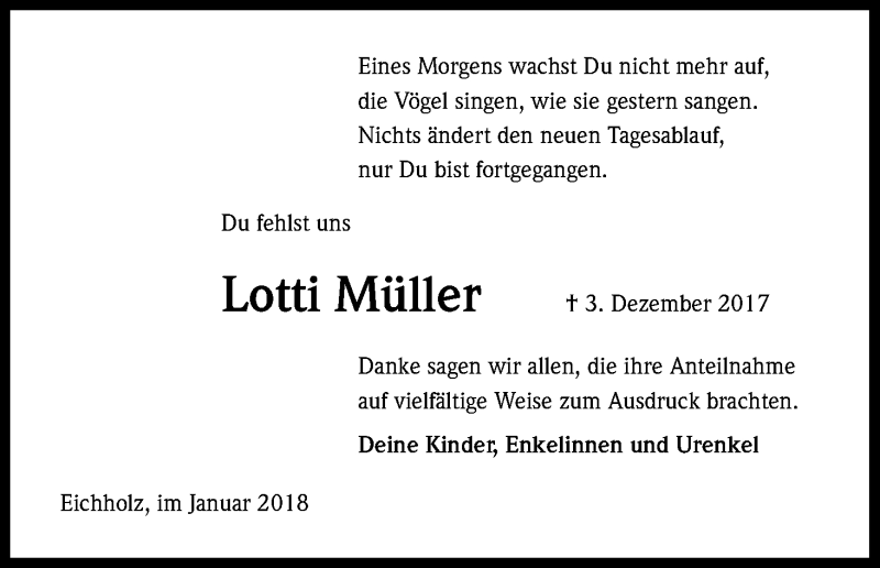  Traueranzeige für Lotti Müller vom 09.02.2018 aus Kölner Stadt-Anzeiger / Kölnische Rundschau / Express