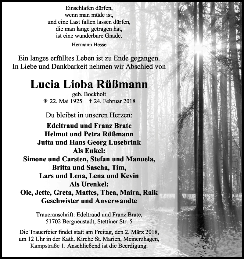  Traueranzeige für Lucia Lioba Rüßmann vom 28.02.2018 aus Kölner Stadt-Anzeiger / Kölnische Rundschau / Express