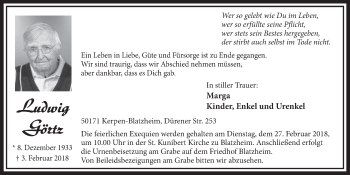 Anzeige von Ludwig Görtz von  Sonntags-Post 