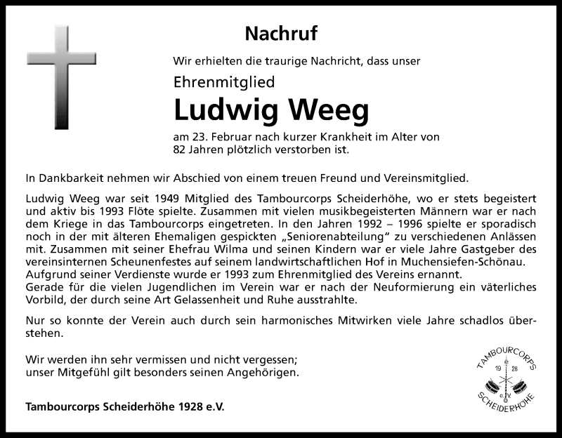  Traueranzeige für Ludwig Weeg vom 28.02.2018 aus Kölner Stadt-Anzeiger / Kölnische Rundschau / Express