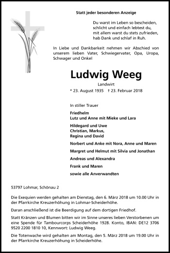 Anzeige von Ludwig Weeg von Kölner Stadt-Anzeiger / Kölnische Rundschau / Express