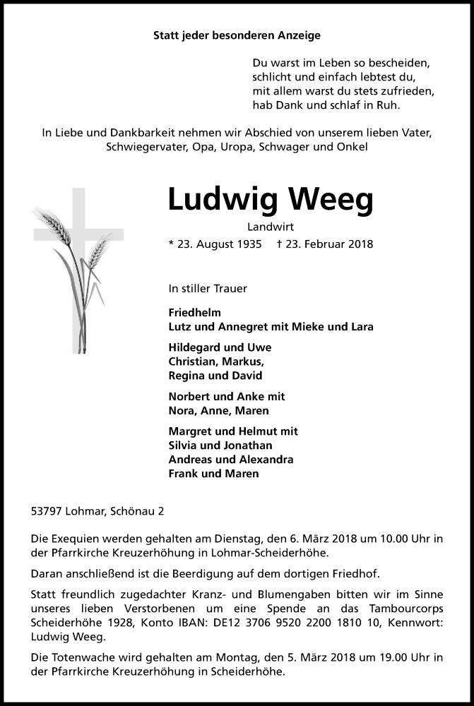  Traueranzeige für Ludwig Weeg vom 01.03.2018 aus Kölner Stadt-Anzeiger / Kölnische Rundschau / Express