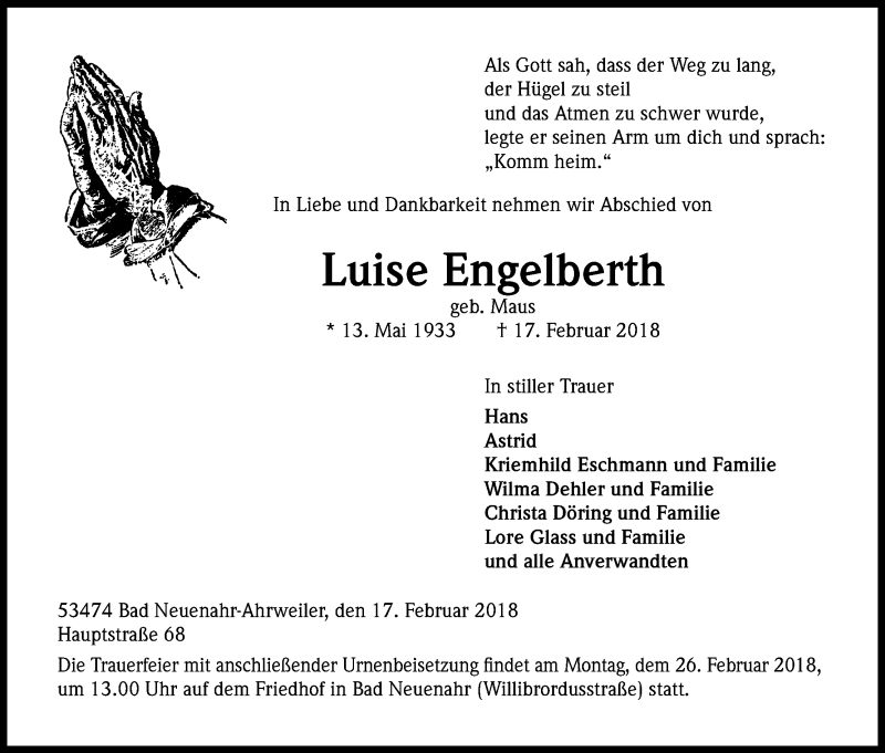  Traueranzeige für Luise Engelberth vom 20.02.2018 aus Kölner Stadt-Anzeiger / Kölnische Rundschau / Express