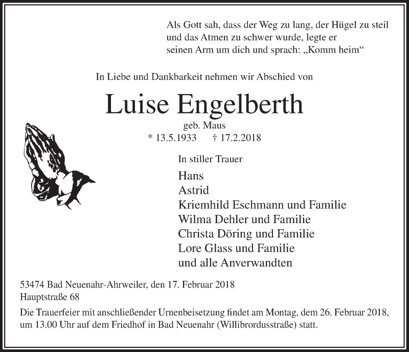  Traueranzeige für Luise Engelberth vom 21.02.2018 aus  Lokalanzeiger 
