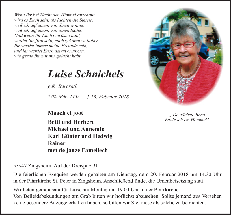  Traueranzeige für Luise Schnichels vom 17.02.2018 aus  Blickpunkt Euskirchen 