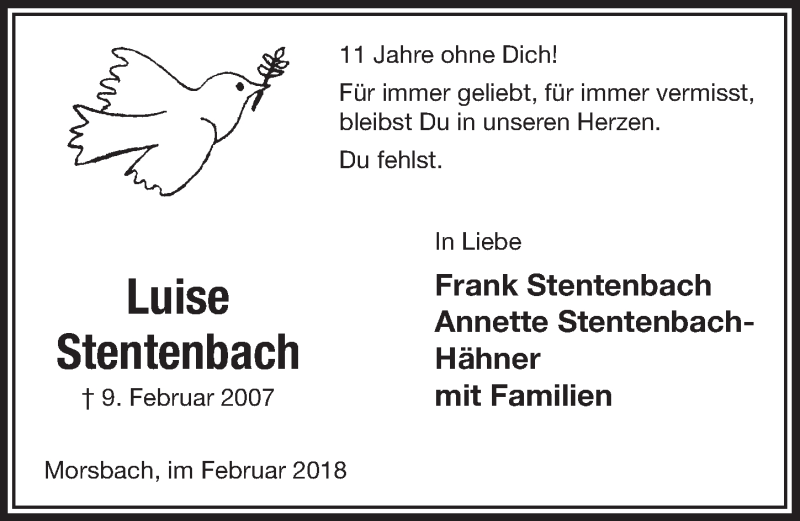 Traueranzeige für Luise Stentenbach vom 14.02.2018 aus  Lokalanzeiger 