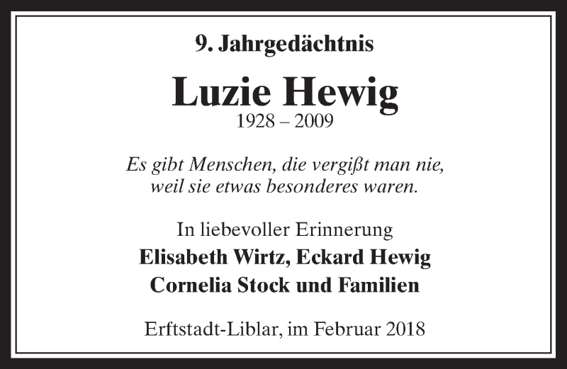  Traueranzeige für Luzie Hewig vom 21.02.2018 aus  Werbepost 