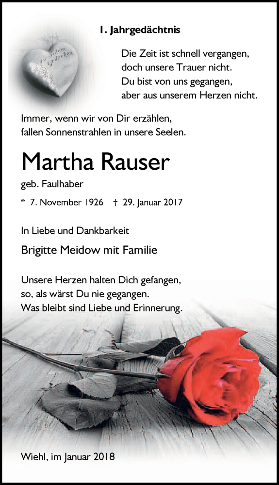  Traueranzeige für MArtha Rauser vom 31.01.2018 aus  Anzeigen Echo 