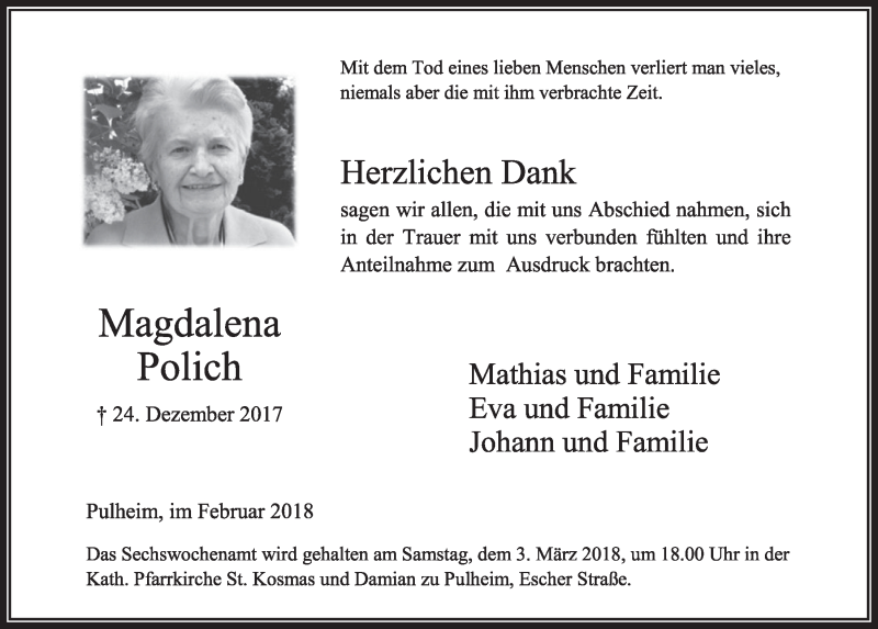  Traueranzeige für Magdalena Polich vom 17.02.2018 aus  Sonntags-Post 