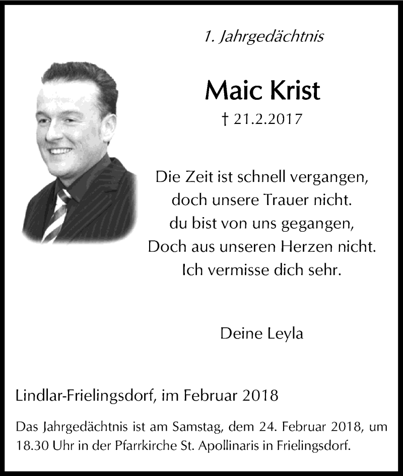  Traueranzeige für Maic Krist vom 21.02.2018 aus Kölner Stadt-Anzeiger / Kölnische Rundschau / Express