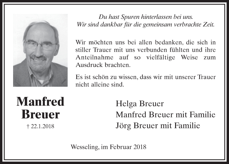 Traueranzeige für Manfred Breuer vom 28.02.2018 aus  Schlossbote/Werbekurier 