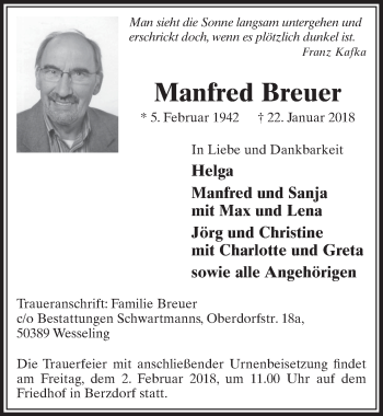 Anzeige von Manfred Breuer von  Schlossbote/Werbekurier 