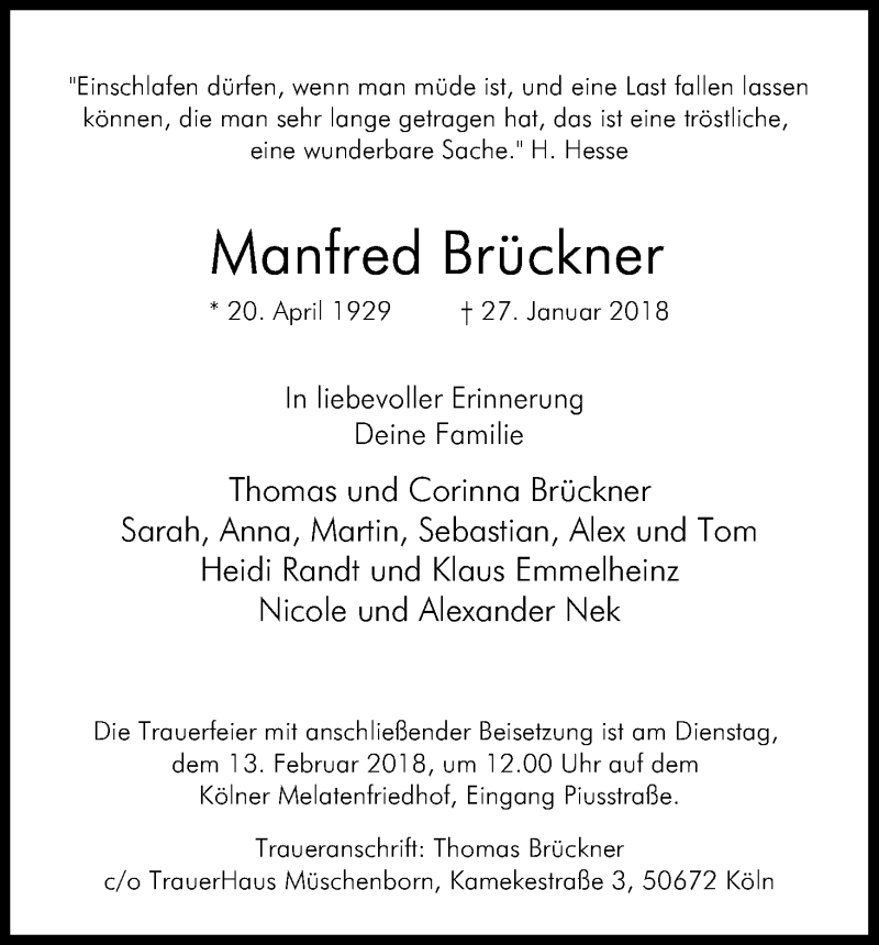  Traueranzeige für Manfred Brückner vom 03.02.2018 aus Kölner Stadt-Anzeiger / Kölnische Rundschau / Express