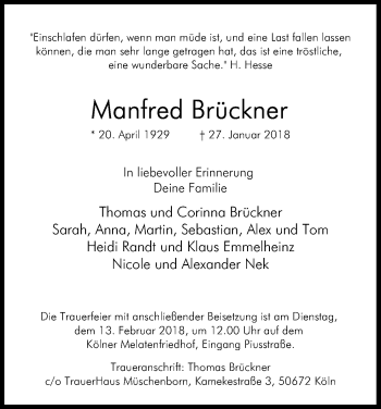 Anzeige von Manfred Brückner von Kölner Stadt-Anzeiger / Kölnische Rundschau / Express