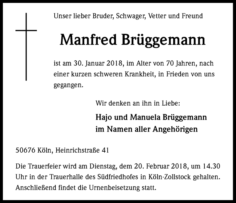  Traueranzeige für Manfred Brüggemann vom 14.02.2018 aus Kölner Stadt-Anzeiger / Kölnische Rundschau / Express