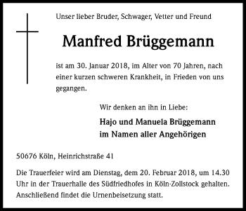 Anzeige von Manfred Brüggemann von Kölner Stadt-Anzeiger / Kölnische Rundschau / Express