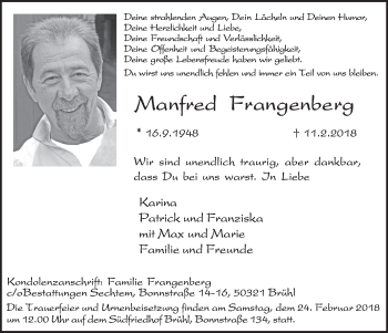 Anzeige von Manfred Frangenberg von  Schlossbote/Werbekurier 
