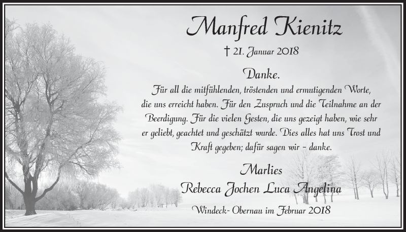  Traueranzeige für Manfred Kienitz vom 28.02.2018 aus  Lokalanzeiger 