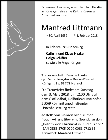 Anzeige von Manfred Littmann von Kölner Stadt-Anzeiger / Kölnische Rundschau / Express