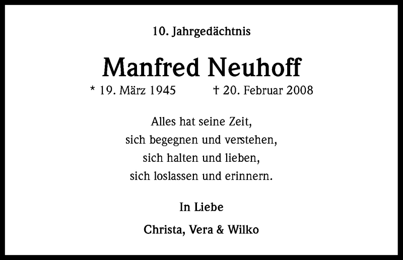  Traueranzeige für Manfred Neuhoff vom 20.02.2018 aus Kölner Stadt-Anzeiger / Kölnische Rundschau / Express