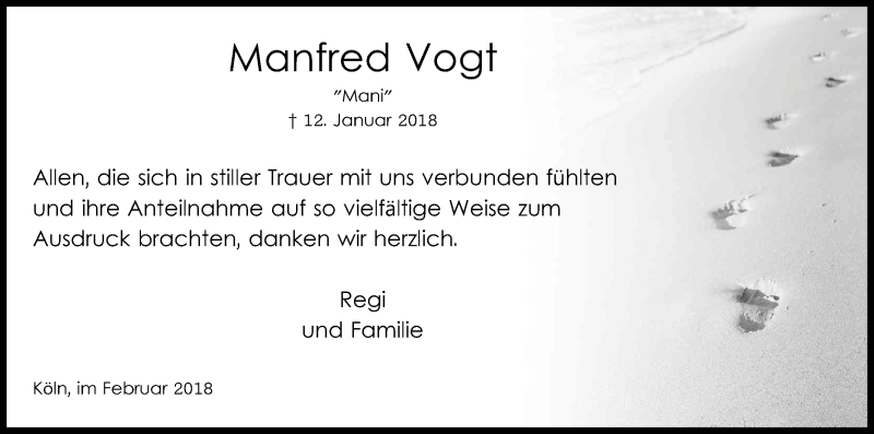  Traueranzeige für Manfred Vogt vom 17.02.2018 aus Kölner Stadt-Anzeiger / Kölnische Rundschau / Express