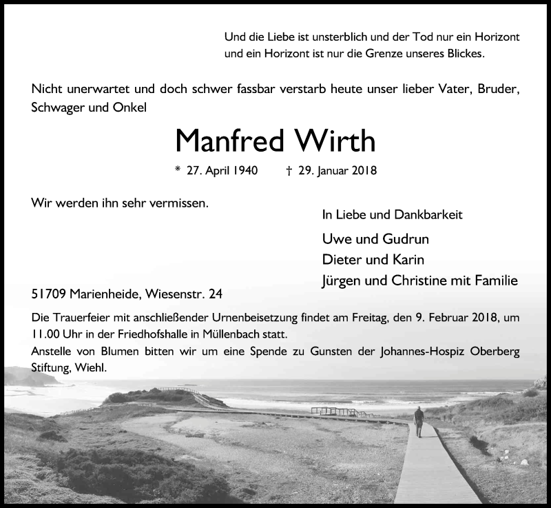  Traueranzeige für Manfred Wirth vom 03.02.2018 aus Kölner Stadt-Anzeiger / Kölnische Rundschau / Express