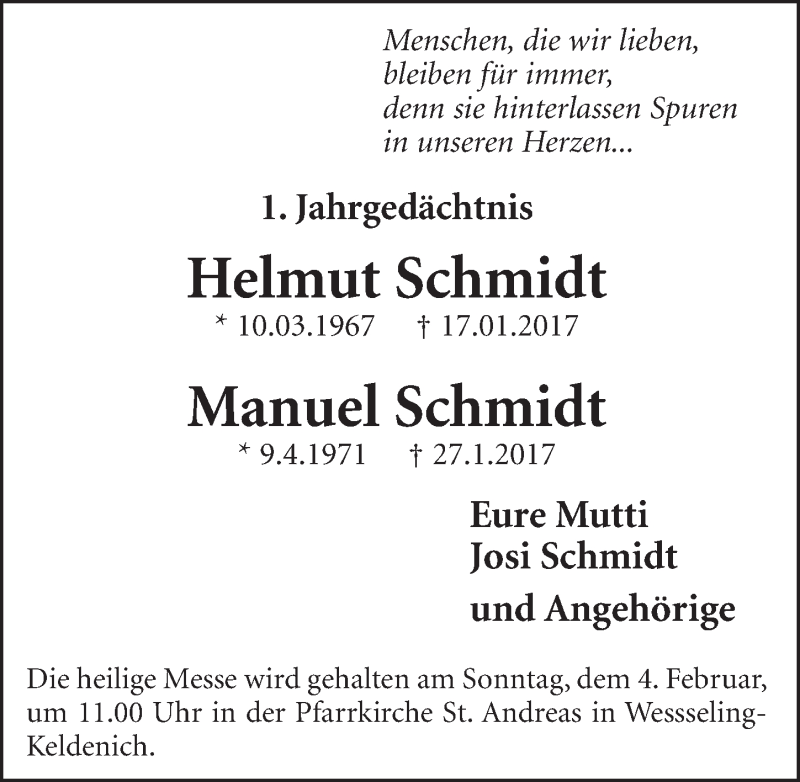  Traueranzeige für Manuel Schmidt vom 31.01.2018 aus  Schlossbote/Werbekurier 