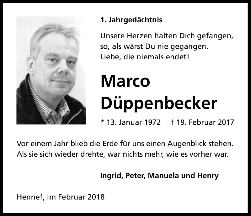  Traueranzeige für Marco Düppenbecker vom 17.02.2018 aus Kölner Stadt-Anzeiger / Kölnische Rundschau / Express