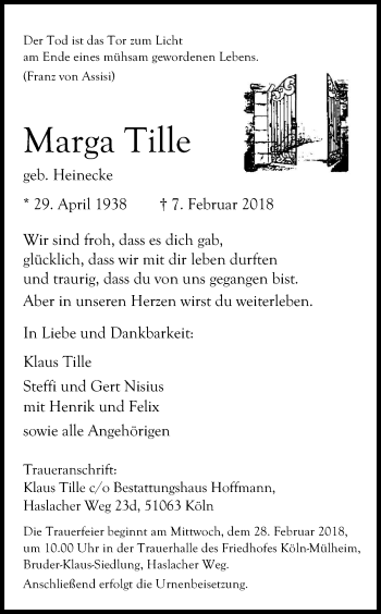 Anzeige von Marga Tille von Kölner Stadt-Anzeiger / Kölnische Rundschau / Express
