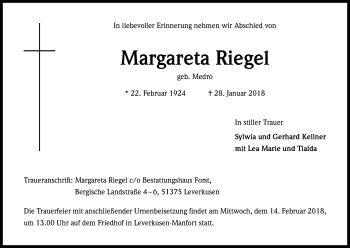 Anzeige von Margareta Riegel von Kölner Stadt-Anzeiger / Kölnische Rundschau / Express