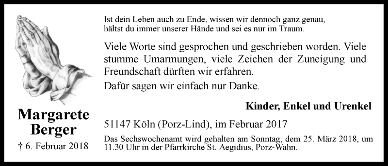  Traueranzeige für Margarete Berger vom 28.02.2018 aus  Kölner Wochenspiegel 