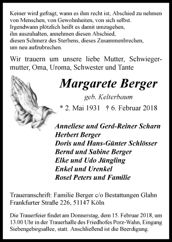 Anzeige von Margarete Berger von  Kölner Wochenspiegel 