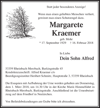 Anzeige von Margarete Kraemer von  Schaufenster/Blickpunkt am Wochenende 