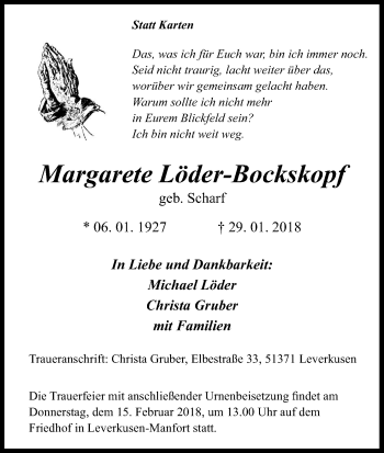 Anzeige von Margarete Löder-Bockskopf von Kölner Stadt-Anzeiger / Kölnische Rundschau / Express