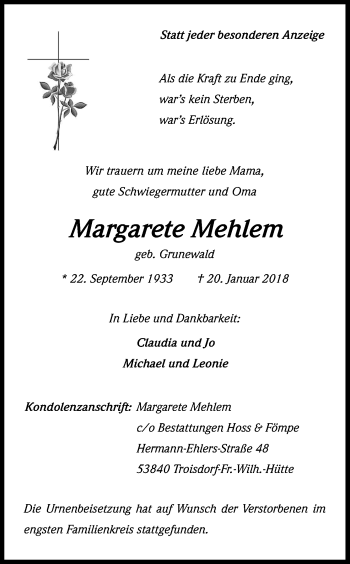 Anzeige von Margarete Mehlem von Kölner Stadt-Anzeiger / Kölnische Rundschau / Express