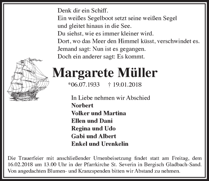  Traueranzeige für Margarete Müller vom 10.02.2018 aus  Bergisches Sonntagsblatt 