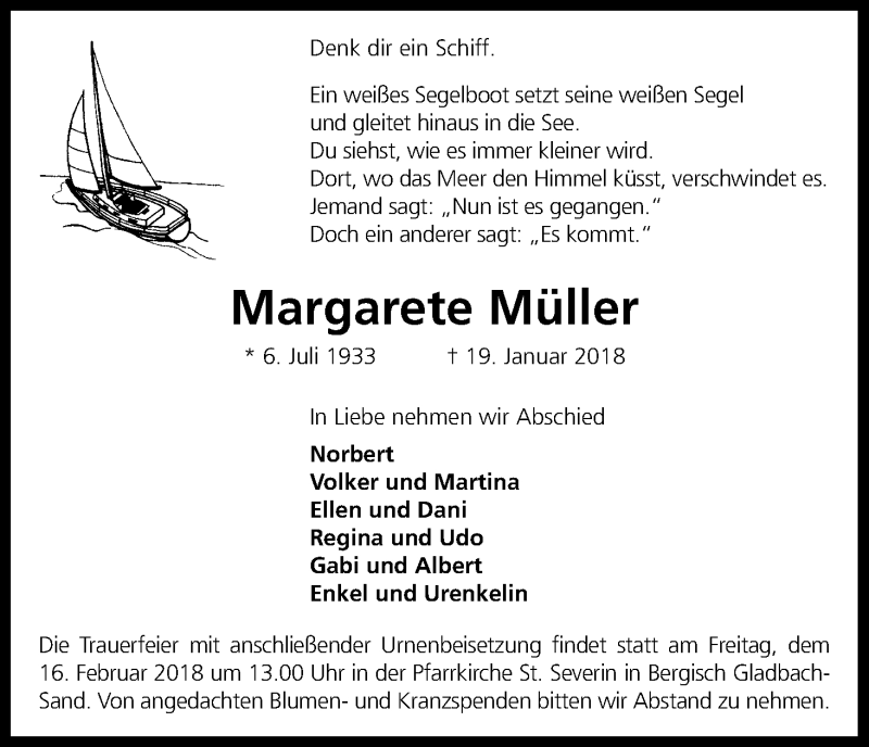  Traueranzeige für Margarete Müller vom 10.02.2018 aus Kölner Stadt-Anzeiger / Kölnische Rundschau / Express