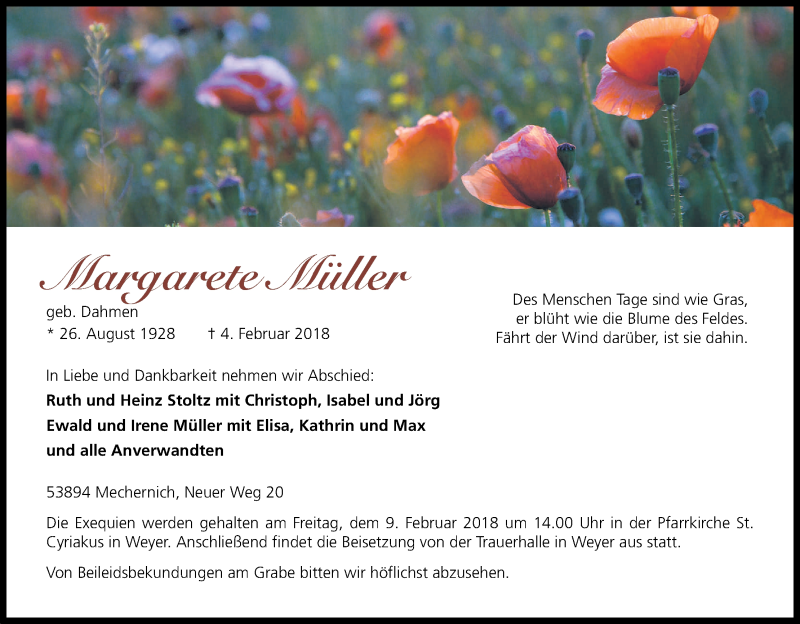  Traueranzeige für Margarete Müller vom 07.02.2018 aus Kölner Stadt-Anzeiger / Kölnische Rundschau / Express