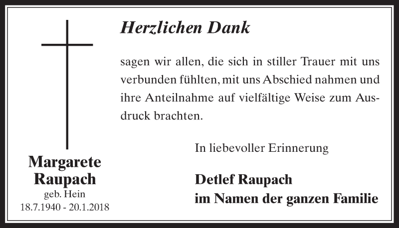  Traueranzeige für Margarete Raupach vom 28.02.2018 aus  Werbepost 