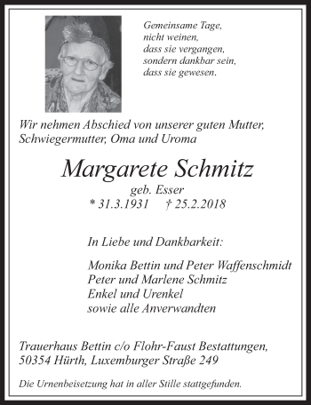 Anzeige von Margarete Schmitz von  Wochenende 