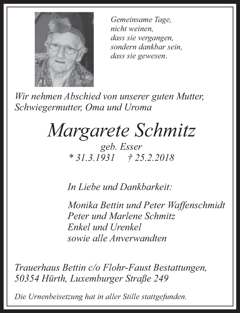  Traueranzeige für Margarete Schmitz vom 28.02.2018 aus  Wochenende 