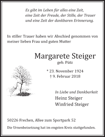 Anzeige von Margarete Steiger von  Sonntags-Post 